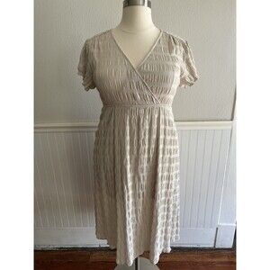 Piper & Scoot Midi Dress Crinkle Ruched Mini Gingham Print Beige White Plus 1X